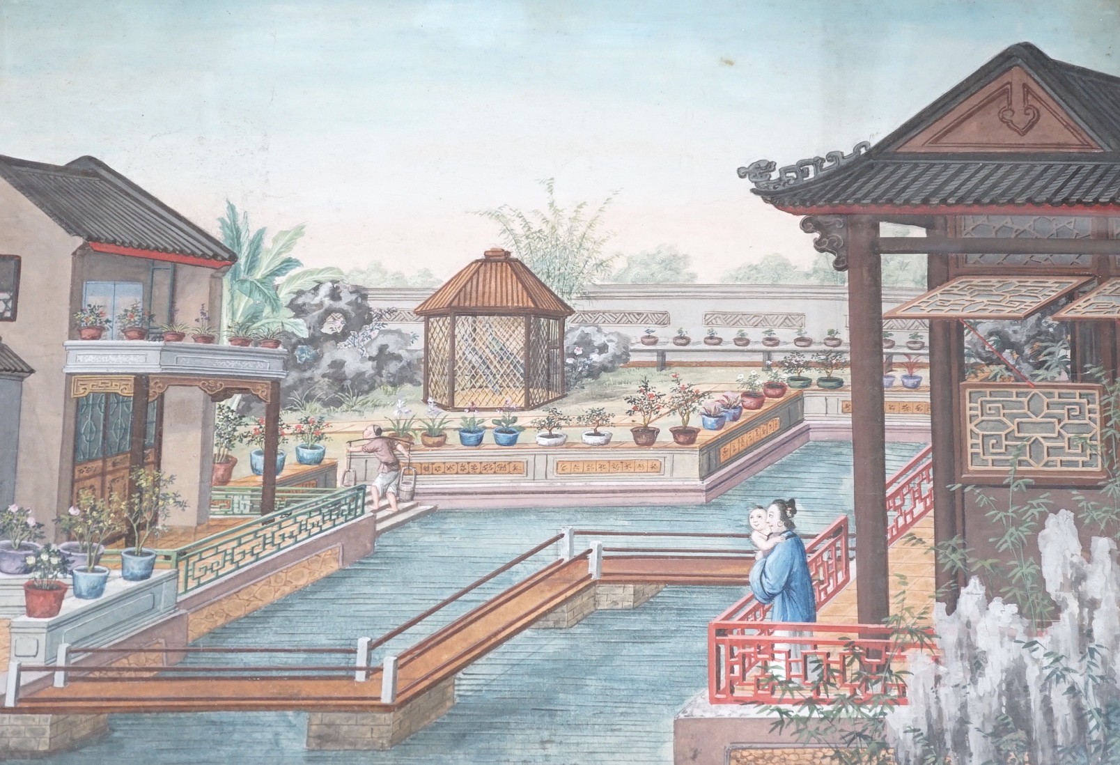 19th century Chinese School, pair of watercolours with gouache, depicting Ladies within Pavilion gardens, 28 x 41cm